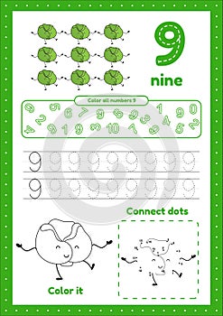 Many games on one page for preschool kids. Learning number 9