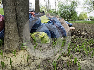 Many garbage bags with leaves on the ground. Cleaning of autumn foliage in park. Horizontal photo