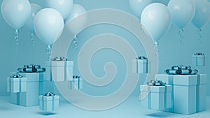 Many Gift box Fly in air with balloon and blue ribbon pastel background.,Christmas and happy new year background concept.,3d model