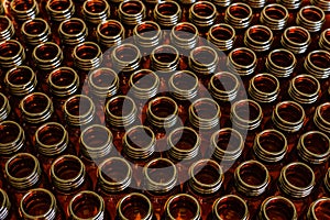 Many glass jars for empty medicines assorted in a row, chemical pharmaceutical industry concept