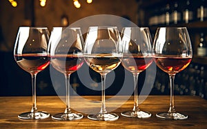 many glass of red wine on rustic wooden table. Wine tasting. Wine card, rastaurant menu