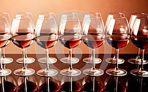 many glass of red wine on rustic wooden table. Wine tasting. Wine card, rastaurant menu