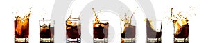 Many glasses of cola with splash and ice cubes on white.