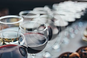 Many glasses of different wine in a row on bar counter