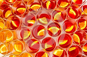 Many glasses of fresh alcoholic welcome drinks with pieces of oranges