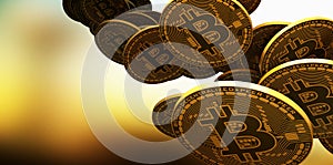 Many gold bitcoins laying on reflective surface, 3d Rendering photo