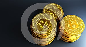 Many gold bitcoins laying on reflective surface, 3d Rendering photo
