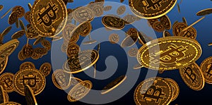 Many gold bitcoins laying on reflective surface, 3d Rendering photo