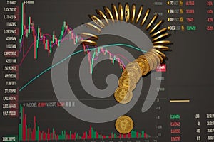 Many gold coins of bitcoin in the form of a question mark lie against the background of the graph, the forecast of the exchange ra