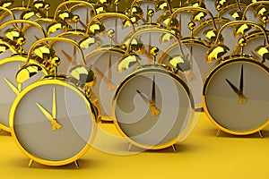 Many golden alarm clocks on a yellow background. Time management, deadline concept. 3D render