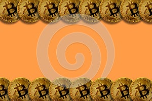 Many golden bitcoins with copy space. Cryptocurrency mining concept