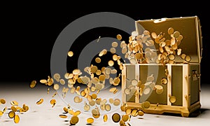 Many golden coins  in  golden vintage treasure chest  and falling down to the ground use for luck and rish concept. Treasure on