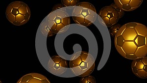 Many golden football balls on black background. Luxury soccer balls. 3D render.