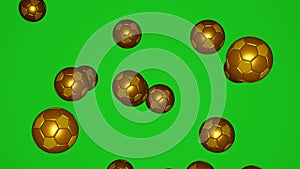 Many golden football balls on chromakey background. Luxury soccer balls. 3D render.