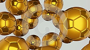 Many golden football balls flying to camera on white background.