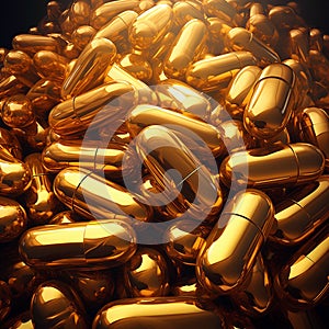 Many golden pills on dark background
