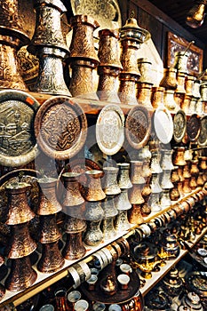 Many golden pots or kettles for Turkish coffee