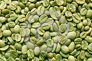 Many green coffee beans as background, top view