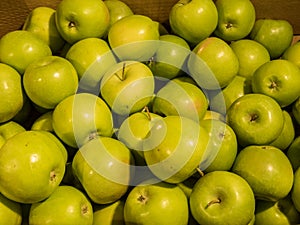 Many green delicious apples in a box in the store