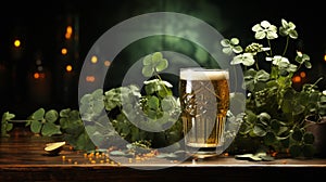 Many green little plants like clovers with a large beer pint on a wooden bar with a green background