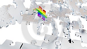 Many Grey Puzzle pieces in Chaos and one Rainbow piece with white background