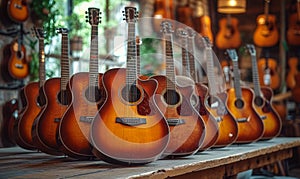 Many guitars in music store