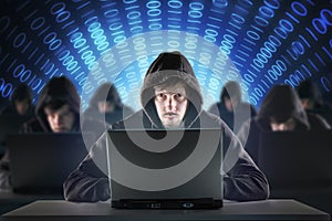 Many hackers in troll farm. Security and cyber crime concept. photo