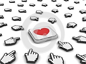 Many hand cursors mouse clicking red heart button