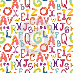 Many hand-drawn cute funky letters on white, seamless pattern