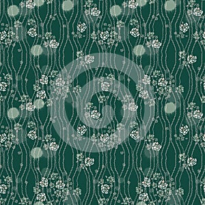 Many Hand drawn small softness pink tea roses flowers and wavy lines on virid background.