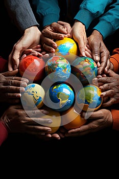 many hands of different races united holding planets