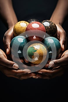 many hands of different races united holding planets