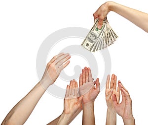 Many hands reaching out for money