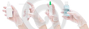 Many hands in rubber medical gloves hold various antiseptics, sprays, aerosols, bottles on a white background, mock-up, close-up.