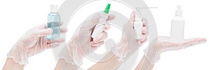 Many hands in rubber medical gloves hold various antiseptics, sprays, aerosols, bottles on a white background, mock-up, close-up.