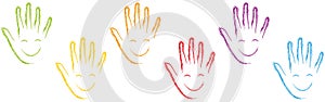 Many hands with smile, children and kindergarden background, people and kids logo, kids and pediatrician logo, kids background