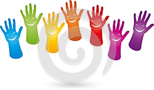 Many hands with smile, people and children logo