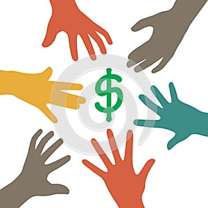 hands reaching out to grab dollars, get money. vectro illustration