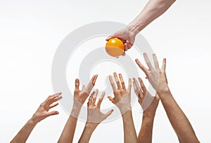 Many hands want to get orange photo