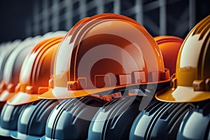 Many hardhat helmet on row with Copy space, Engineering Construction Concept