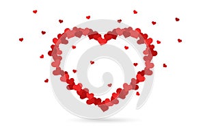 Many hearts in the shape of a big heart. Isolated on a white background. Love symbol. Red color. Icon or logo. Valentine`s day.