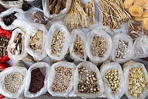 Many herbs for sell in a market at china.