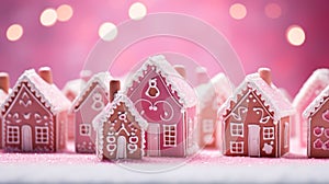 Many Homemade Pink Christmas Gingerbread House web banner, background. Christmas houses made from ginger cookies decorated in