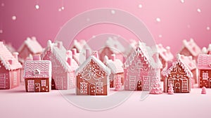 Many Homemade Pink Christmas Gingerbread House web banner, background. Christmas houses made from ginger cookies decorated in