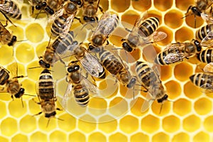 Many honey bees on a beeswax