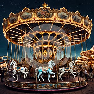 Many horses that are on the carousel at the amusement park.
