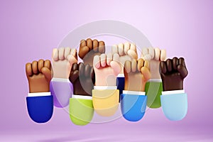 Many human cartoon hands raised up with fists. The concept of protest, struggle, rights union, fight for rights. Copy space, 3D