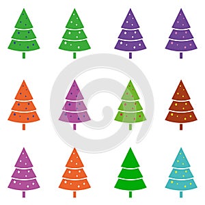 Many icons of colored trees, Christmas trees for Christmas and New Year, vector illustration