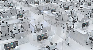 Many identical clone robots work in the office sitting at desks with computers. Future concept without people with smart robotics