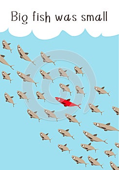 Many identical fish in the water and one red. The concept of motivation and uniqueness. Vector illustration